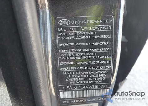 2010 Land Rover Range Rover Supercharged z USA, uszkodzony, nr VIN SALMF1E4XAA315426